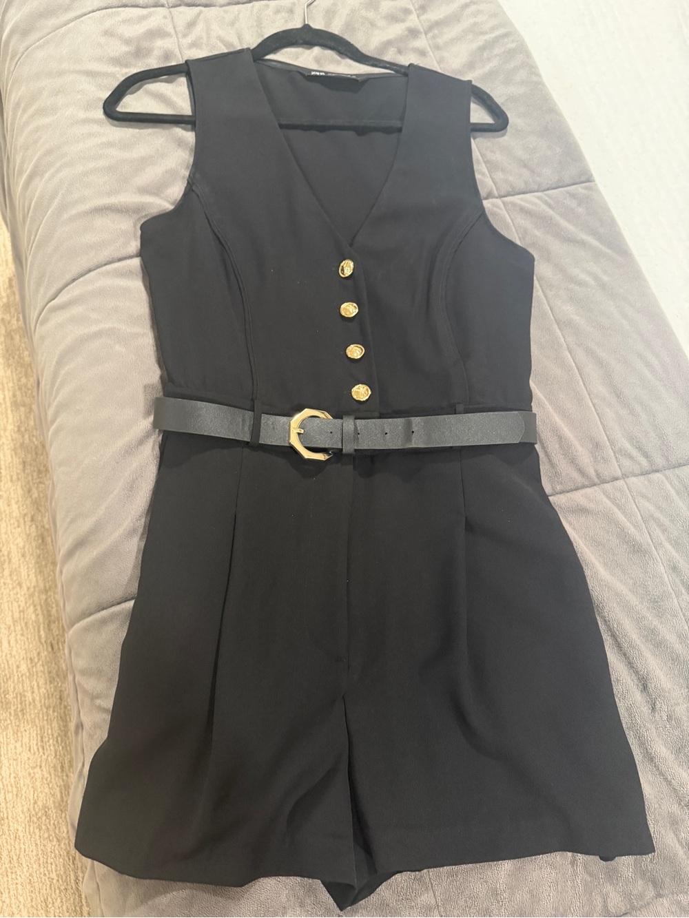 Zara Black Sleeveless Romper with Gold Accents